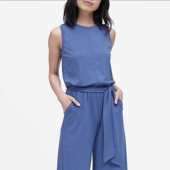 Banana Republic Sleeveless Rayon Viscose Blue Belted Wide Leg Jumpsuit 4 - Picture 2 of 14